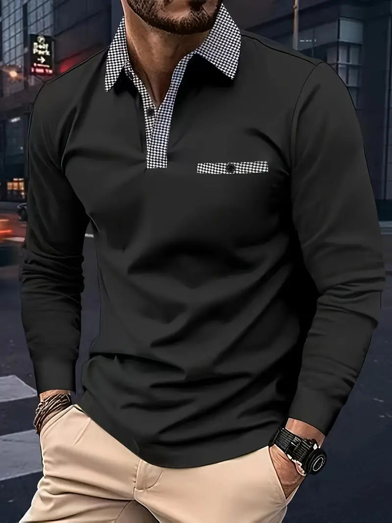 Męska koszulka polo z długim rękawem w kolorze granatowym, klasyczny styl, elegancki kołnierzyk polo, idealny na sezon przejściowy i zapewniający optymalny komfort.