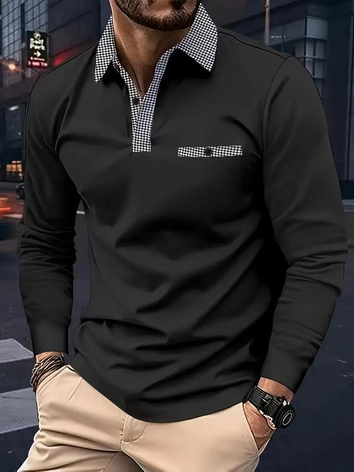 Męska koszulka polo z długim rękawem w kolorze granatowym, klasyczny styl, elegancki kołnierzyk polo, idealny na sezon przejściowy i zapewniający optymalny komfort.