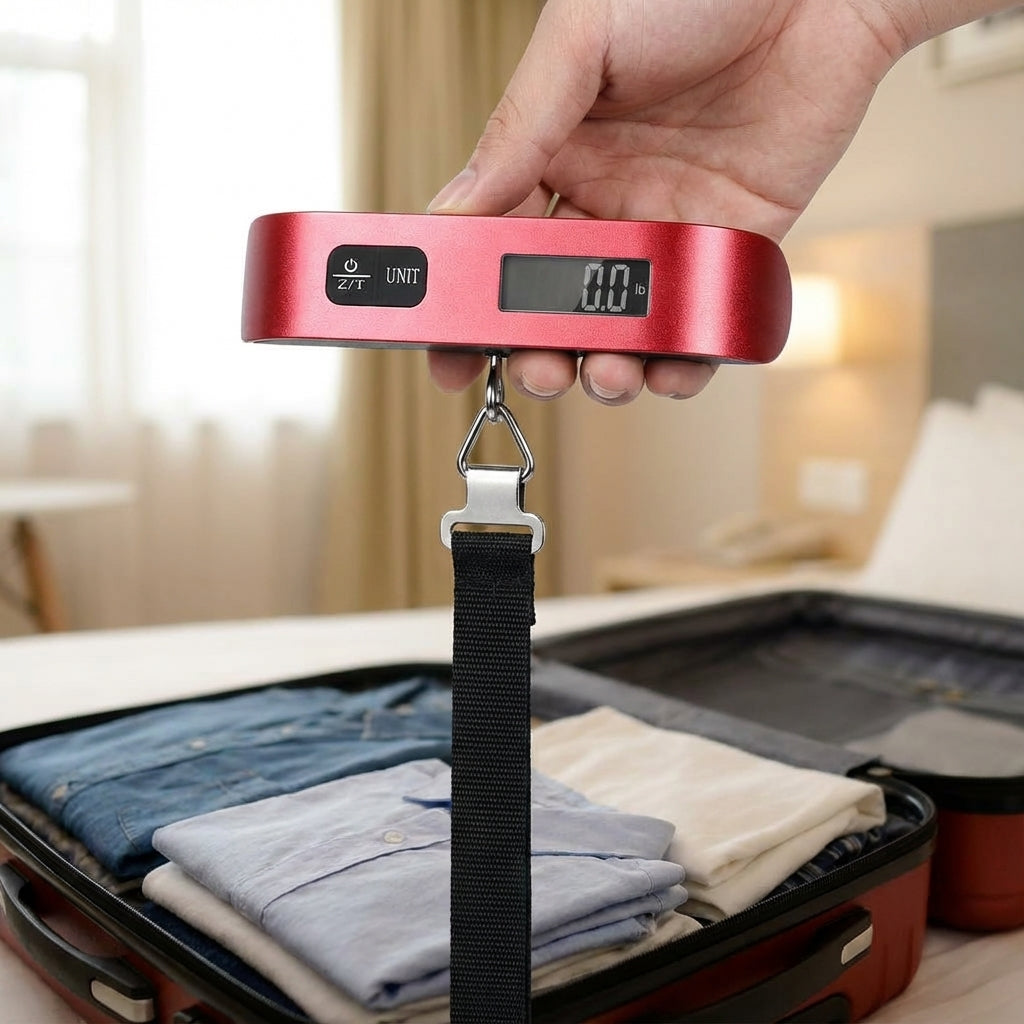 Przenośna cyfrowa waga bagażowa TravelWeigh. Idealna do kontroli wagi walizek przed podróżą.