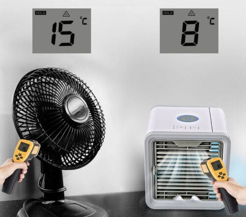 Mobilny klimatyzator z wentylatorem i nawilżaczem, widoczny w nowoczesnym wnętrzu. Zapewnia komfort latem.