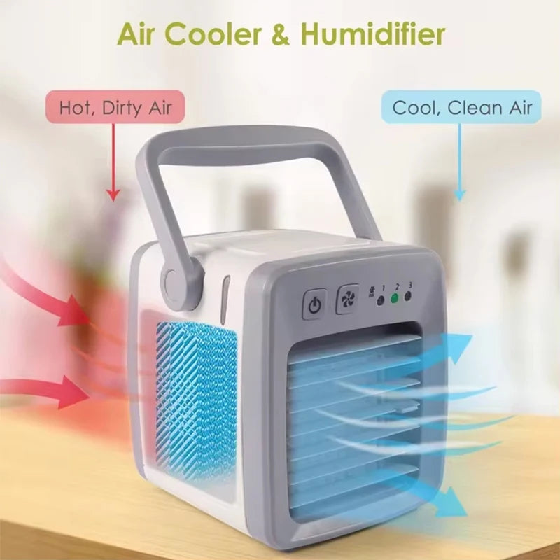 Mini klimatyzator USB 4w1: chłodzenie, nawilżanie, oczyszczanie z UV-C. Idealny na lato do biura i domu.