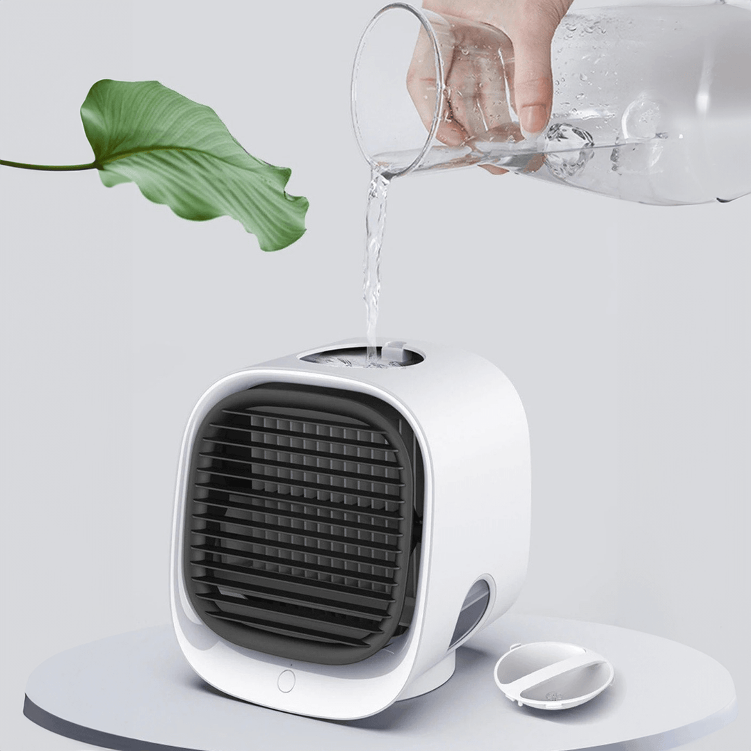 Mały klimatyzator osobisty USB z wiatrakiem LED, przenośny wentylator biurkowy do efektywnego chłodzenia w domu.
