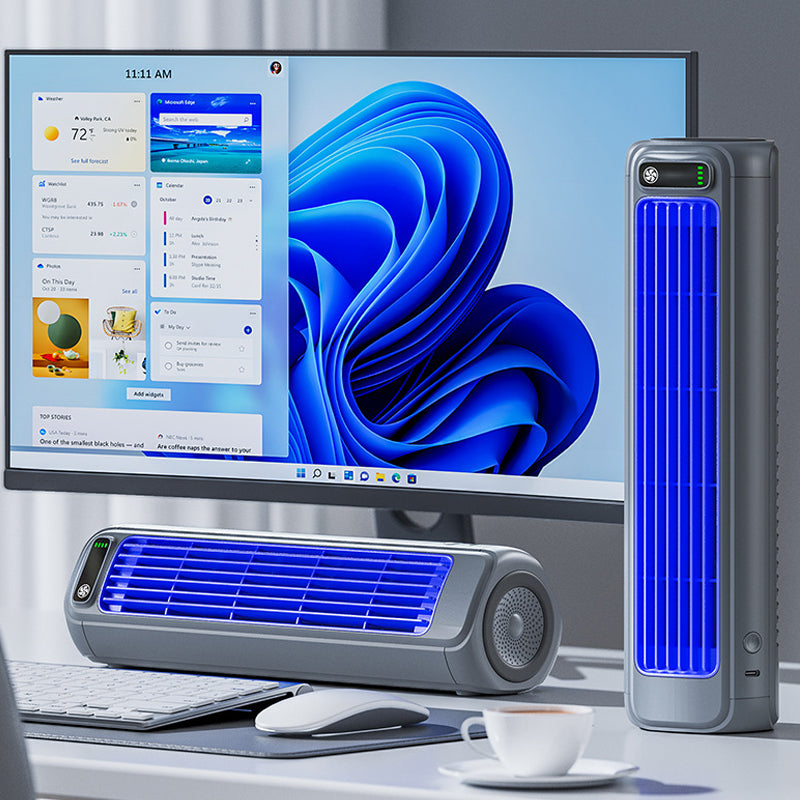 Szary przenośny klimatyzator USB z akumulatorem, do biura i domu. Cichy, efektywne chłodzenie.