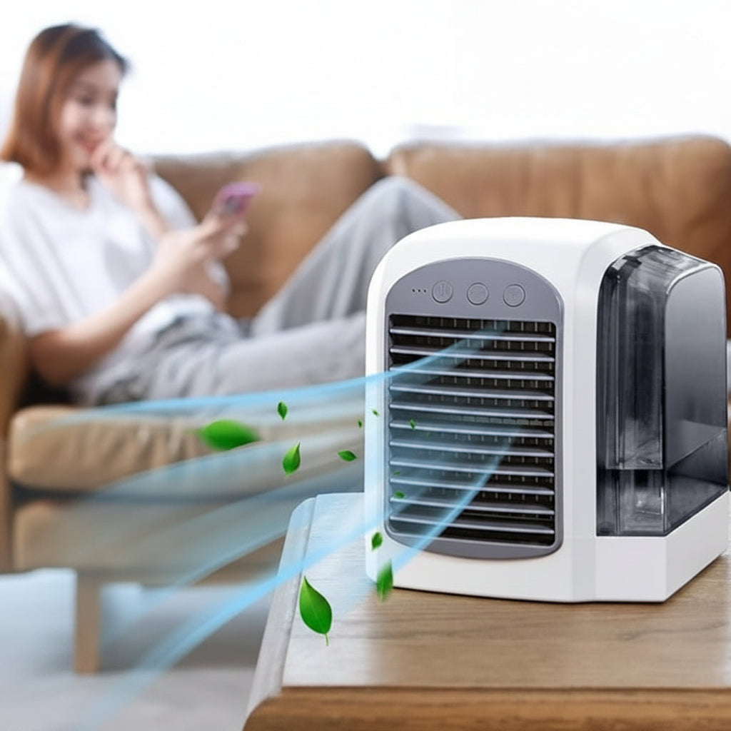 Kompaktowy klimatyzator ewaporacyjny na biurko, zapewniający komfortowe chłodzenie w domu i biurze. Cichy wentylator.