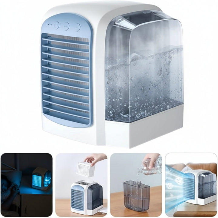 Elegancki, cichy wentylator ewaporacyjny z funkcją oscylacji. Przenośny mini klimatyzator na upalne lato.