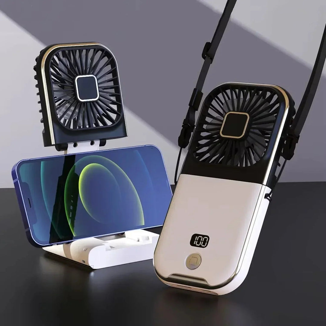 Kompaktowy wentylator ręczny z ładowaniem USB-C, zapewniający chłodzenie w upalne lato. Wyświetlacz LED.