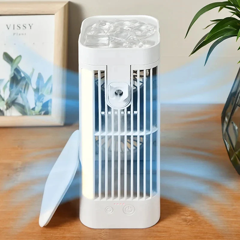 Kompaktowy wentylator z nawilżaczem 120ml, zasilany USB, orzeźwia i chłodzi w upalne lato.