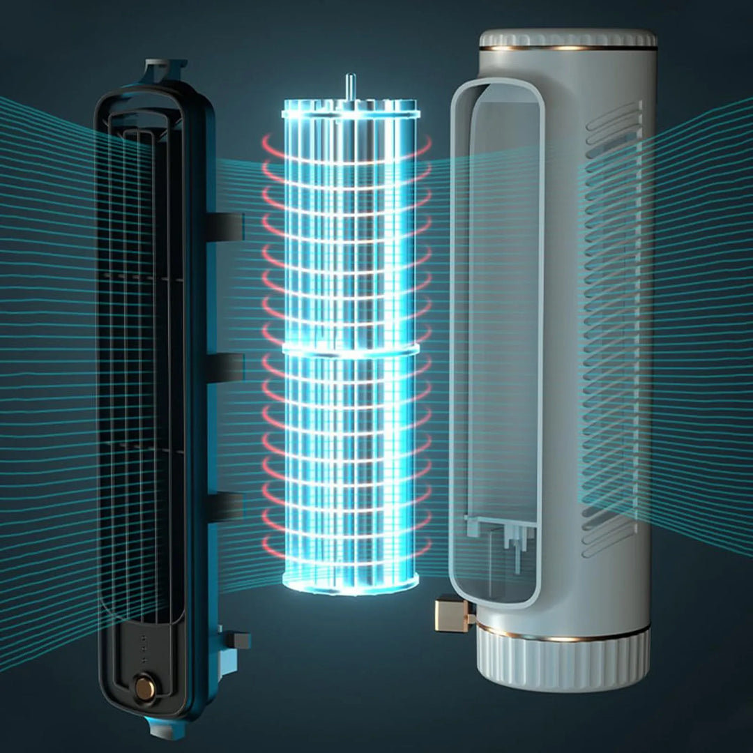 Energooszczędny wentylator wieżowy bezłopatkowy USB do małych pomieszczeń. Cicha praca, szerokie chłodzenie 360°.