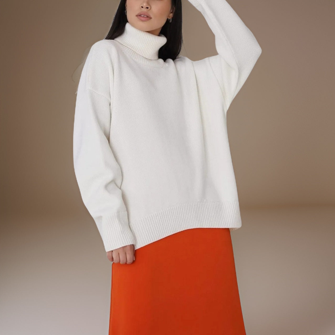 Elegancki damski sweter z golfem na zimę, nowoczesny design, długie rękawy, miękki i oddychający materiał, modny wygląd.