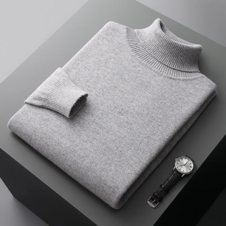 Elegancki męski sweter golf z wełny merynosów, gładki kolor, dopasowany krój, idealny do wyrafinowanego i wygodnego stylu.