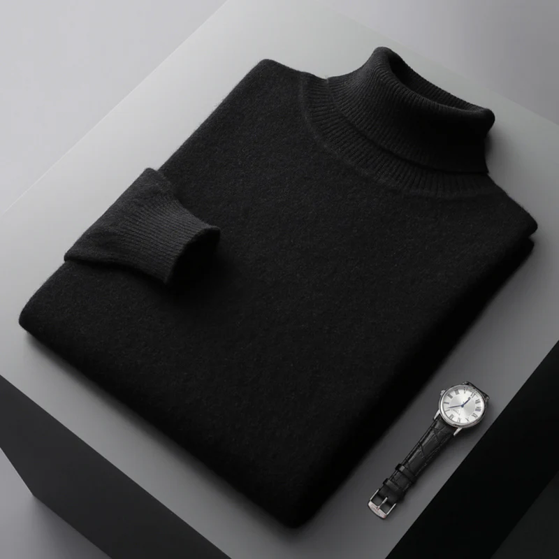 Elegancki męski sweter golf z wełny merynosów, gładki kolor, dopasowany krój, idealny do wyrafinowanego i wygodnego stylu.