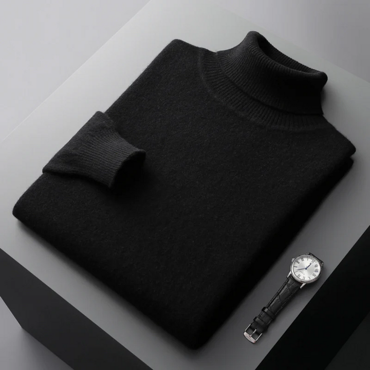 Elegancki męski sweter golf z wełny merynosów, gładki kolor, dopasowany krój, idealny do wyrafinowanego i wygodnego stylu.