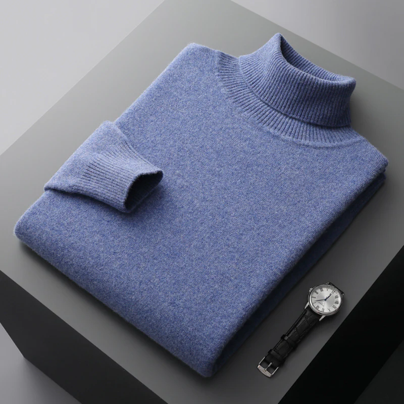 Elegancki męski sweter golf z wełny merynosów, gładki kolor, dopasowany krój, idealny do wyrafinowanego i wygodnego stylu.