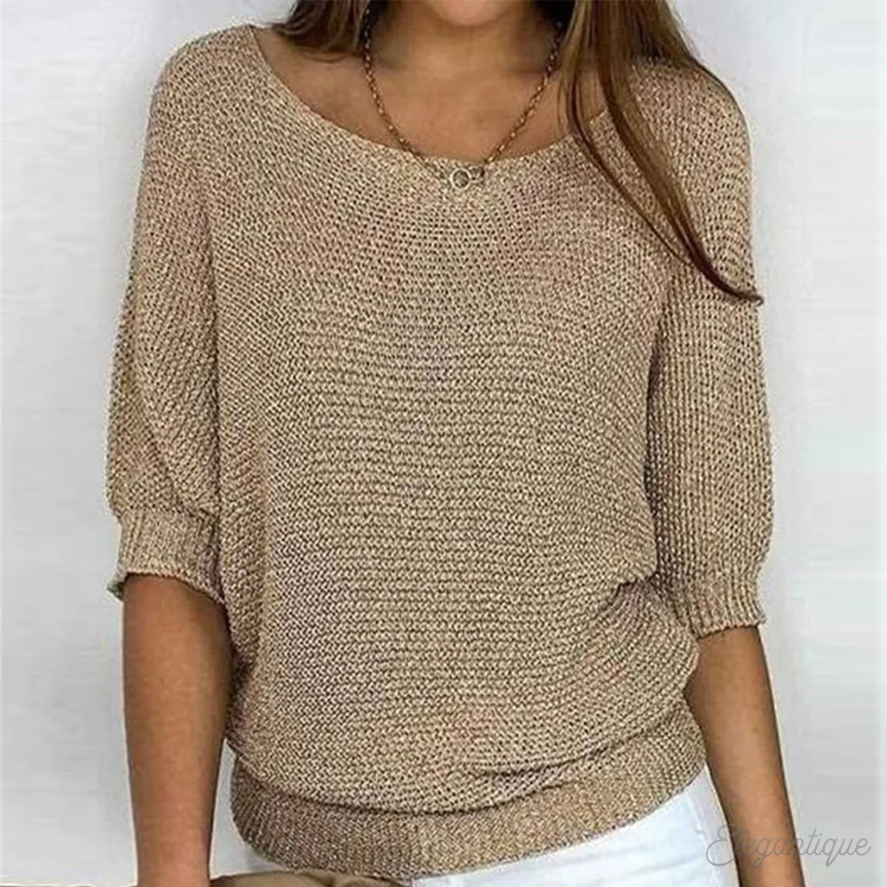 Sweter damski casualowy z miękkiej wełny, neutralny kolor, okrągły dekolt, ściągacze, uniwersalny do eleganckich stylizacji.