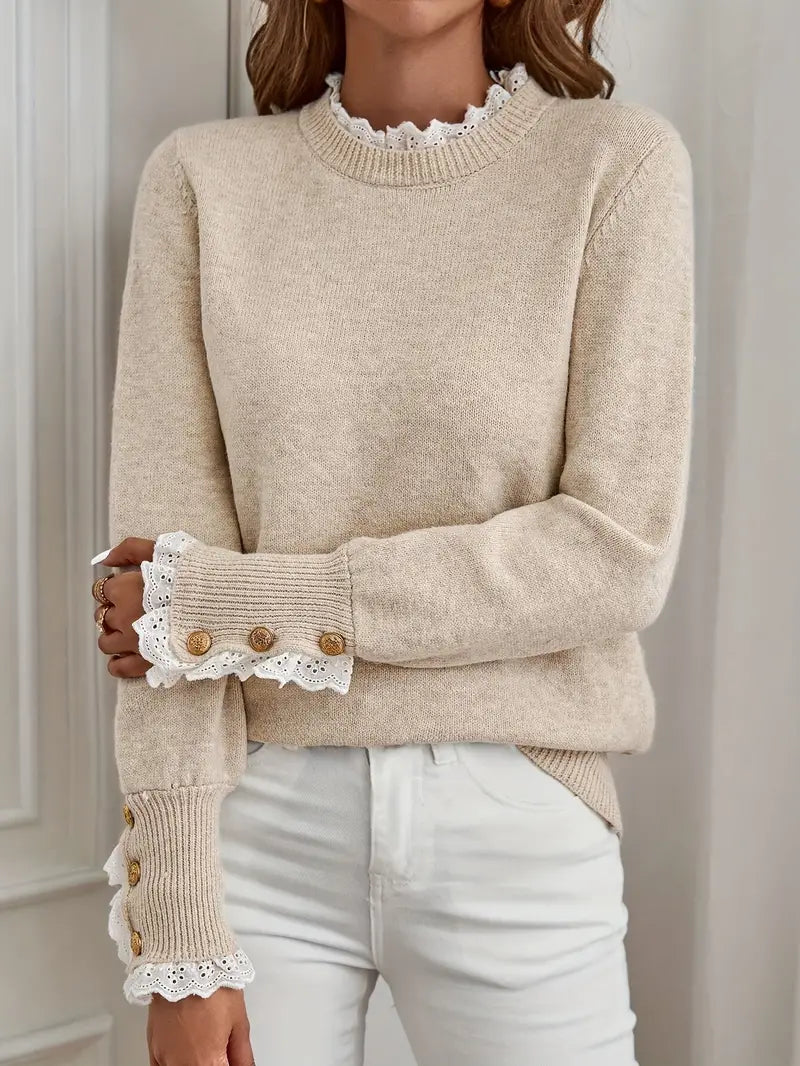 Elegancki sweter damski, okrągły dekolt, ozdobne rękawy, nowoczesny, szykowny i wygodny, idealny do pracy lub na co dzień.