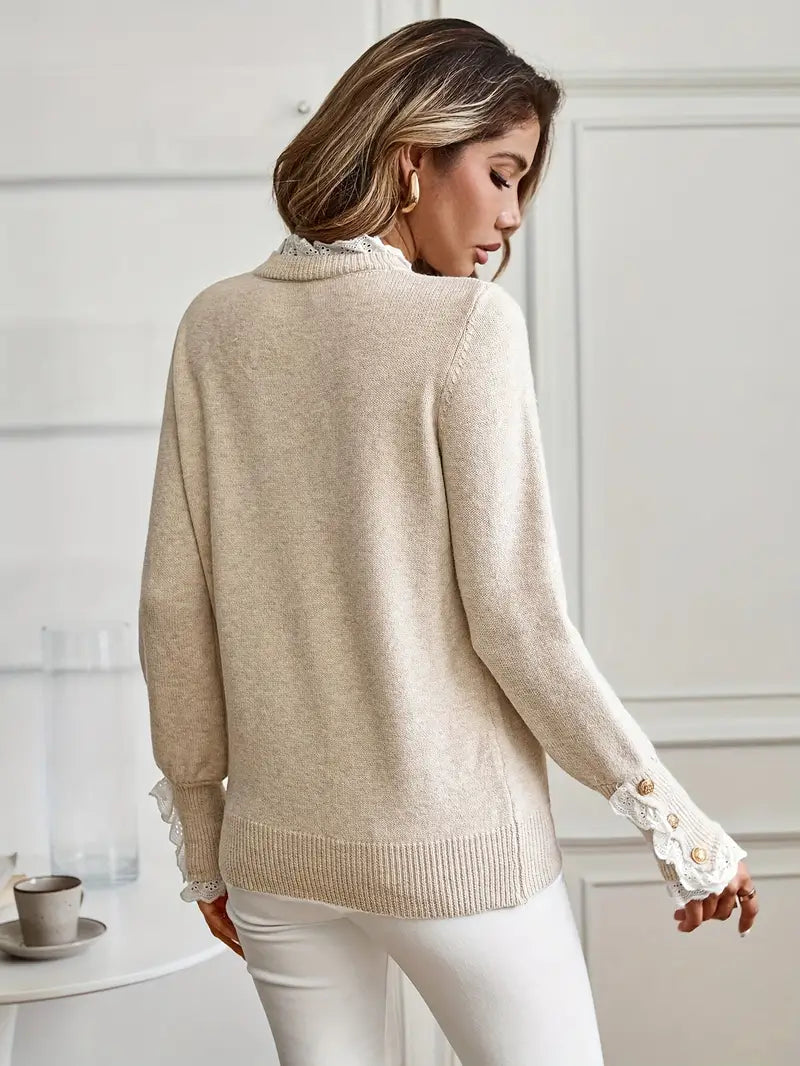 Elegancki sweter damski, okrągły dekolt, ozdobne rękawy, nowoczesny, szykowny i wygodny, idealny do pracy lub na co dzień.