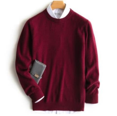 Męski sweter kaszmirowy, jednolity kolor, miękka tekstura, okrągły dekolt, długie rękawy, wysokiej klasy elegancja i komfort.