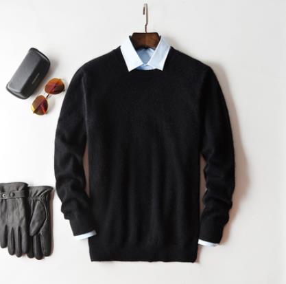Męski sweter kaszmirowy, jednolity kolor, miękka tekstura, okrągły dekolt, długie rękawy, wysokiej klasy elegancja i komfort.
