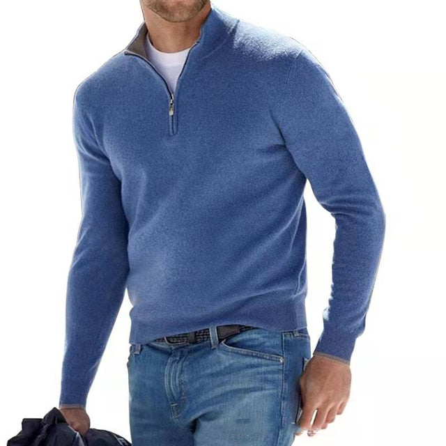 Męski sweter z wełny merynosa, dekolt V z zamkiem, elegancki, miękki, wygodny, idealny na wyrafinowany i swobodny wygląd.