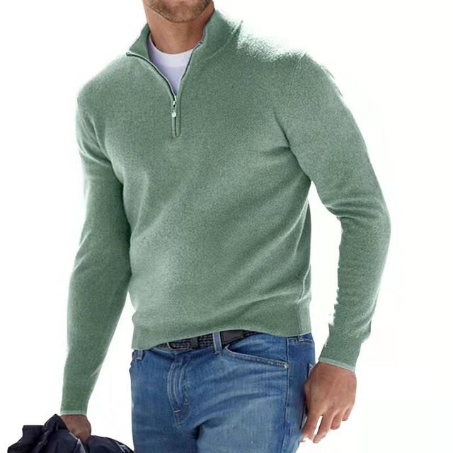 Męski sweter z wełny merynosa, dekolt V z zamkiem, elegancki, miękki, wygodny, idealny na wyrafinowany i swobodny wygląd.