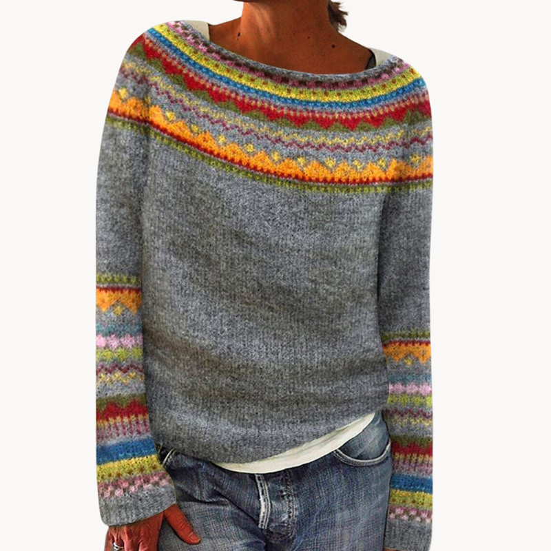 Kolorowy sweter damski z miękkiej dzianiny, długi rękaw, wygodny krój, wielokolorowy wzór, idealny na jesień-zimę.
