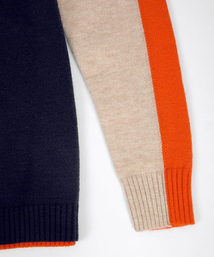 Damski sweter w granatowo-pomarańczowe paski, retro wzór color-block, miękka bawełna, klasyczny elegancki fason.