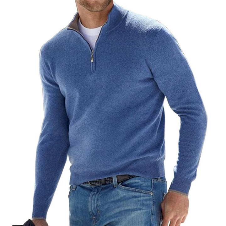 Męski sweter z ciepłej wełny, miękka tekstura, dopasowany krój, wszechstronny, elegancki, dostępny w wielu kolorach.