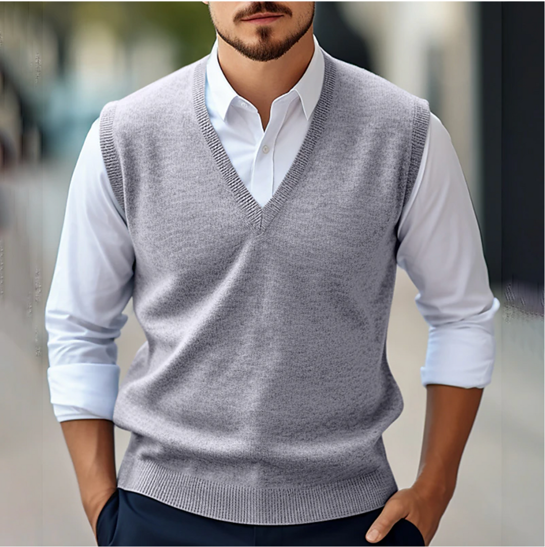 Elegancki męski sweter bez rękawów, cienka dzianina, dekolt V, idealny na wiosnę i jesień.