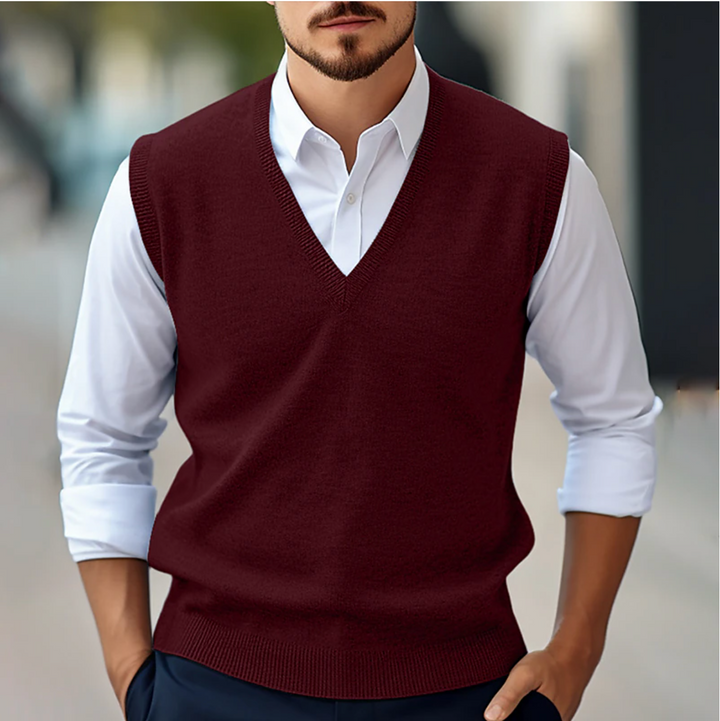 Elegancki męski sweter bez rękawów, cienka dzianina, dekolt V, idealny na wiosnę i jesień.
