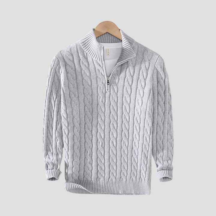 Męski sweter z warkoczem, klasyczny krój, zamek pod szyją, szary. Swobodna i ponadczasowa elegancja dla nowoczesnego wyglądu.