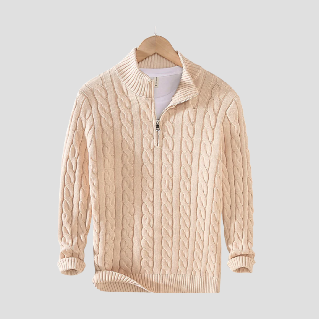 Męski sweter z warkoczem, klasyczny krój, zamek pod szyją, szary. Swobodna i ponadczasowa elegancja dla nowoczesnego wyglądu.
