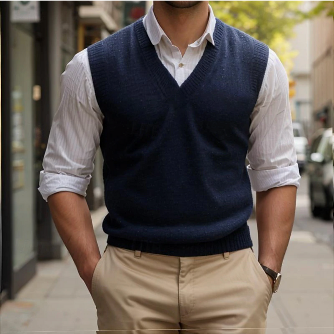 Męski sweter V-neck bez rękawów w stylu vintage, dopasowany krój, kolor niebieski, komfortowy i elegancki.