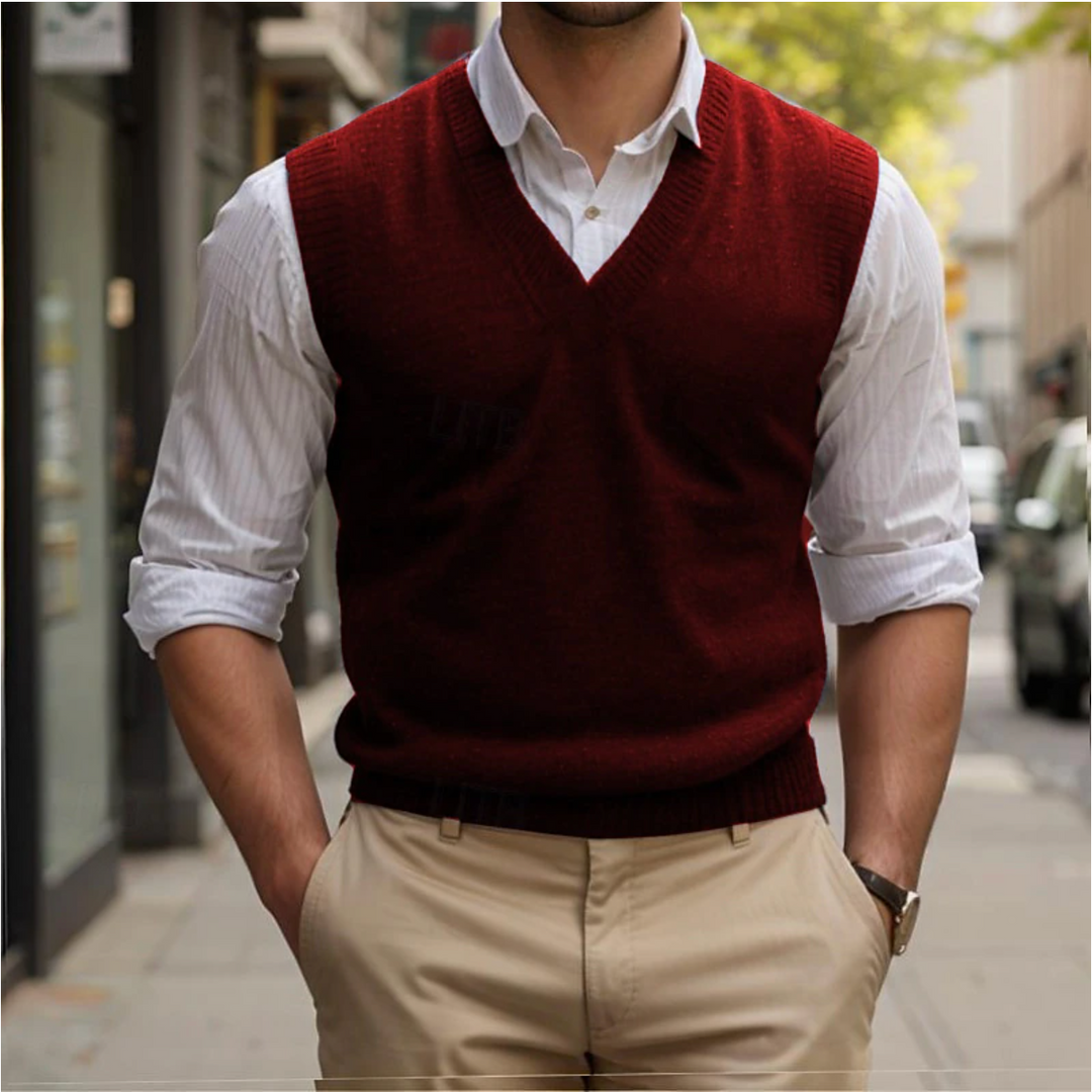 Męski sweter V-neck bez rękawów w stylu vintage, dopasowany krój, kolor niebieski, komfortowy i elegancki.