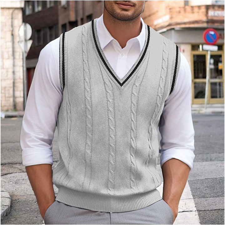 Męski sweter Liam bez rękawów z bawełny i wełny, elegancki dekolt w serek, dopasowany krój, dostępne w modnych kolorach.