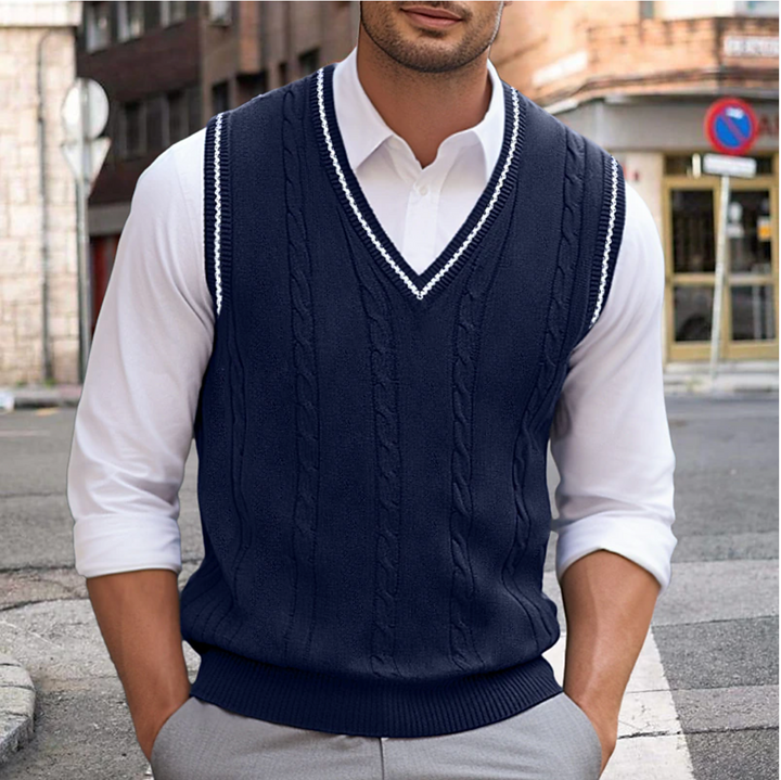 Męski sweter Liam bez rękawów z bawełny i wełny, elegancki dekolt w serek, dopasowany krój, dostępne w modnych kolorach.