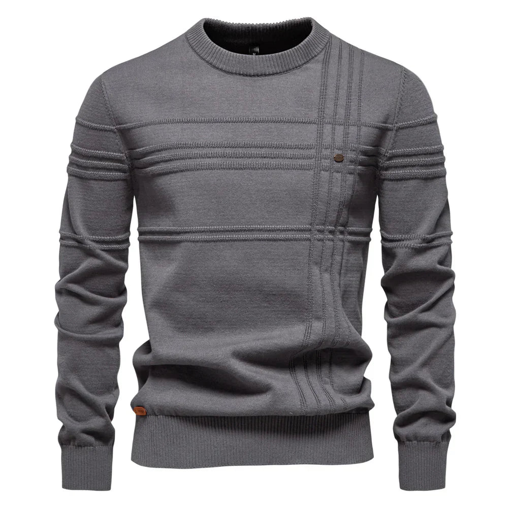 Elegancki męski sweter dzianinowy, okrągły dekolt, miękka bawełna, prosty design, idealny na jesień i zimę, maksymalny komfort.