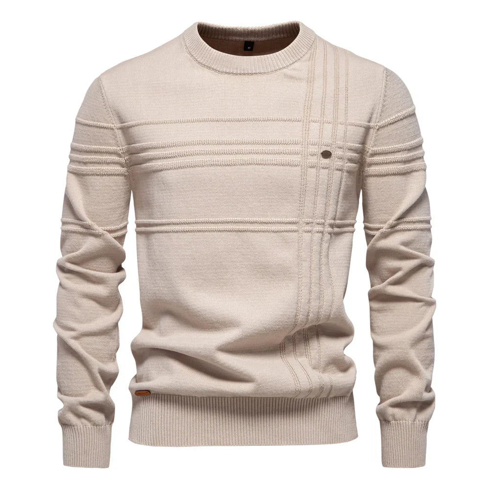 Elegancki męski sweter dzianinowy, okrągły dekolt, miękka bawełna, prosty design, idealny na jesień i zimę, maksymalny komfort.