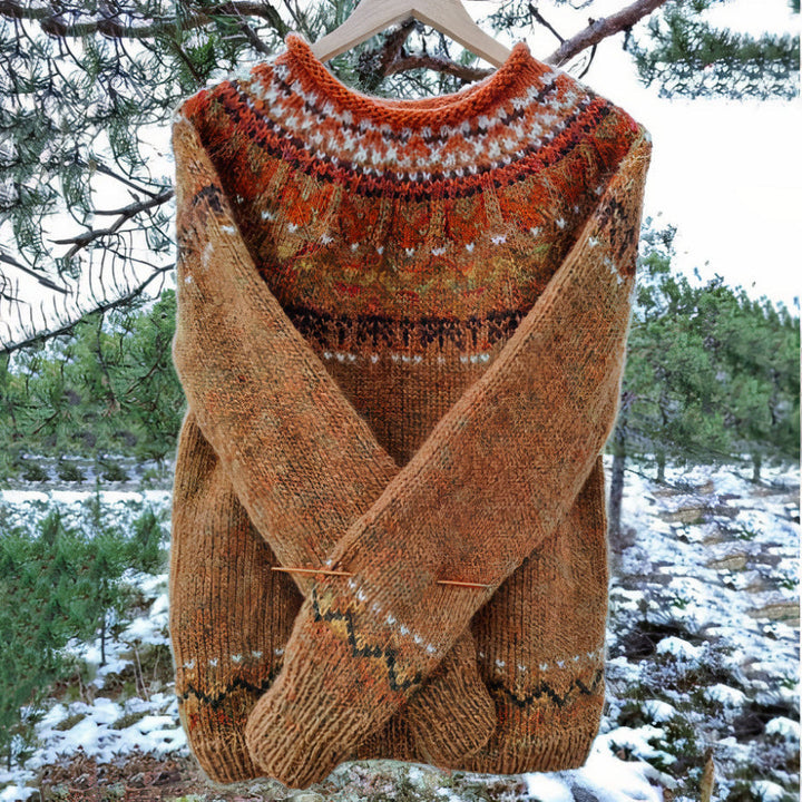 Damski sweter vintage w kolorze brązowym, retro design, miękka dzianina, idealny na jesień, elegancja i swobodny komfort.
