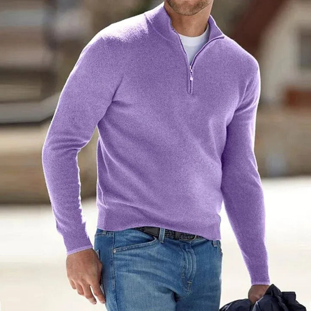 Męski kaszmirowy sweter na suwak, szary, elegancki styl z prążkowanymi mankietami i zamkiem z przodu, idealny na każdą porę roku