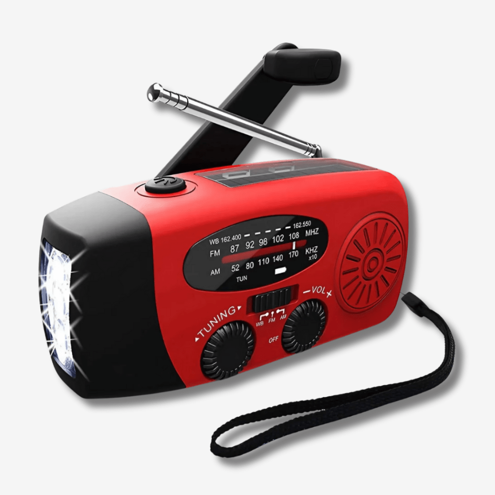 Wielofunkcyjne, kompaktowe radio awaryjne z latarką, powerbankiem i ładowaniem słonecznym, korbkowym, USB-C.