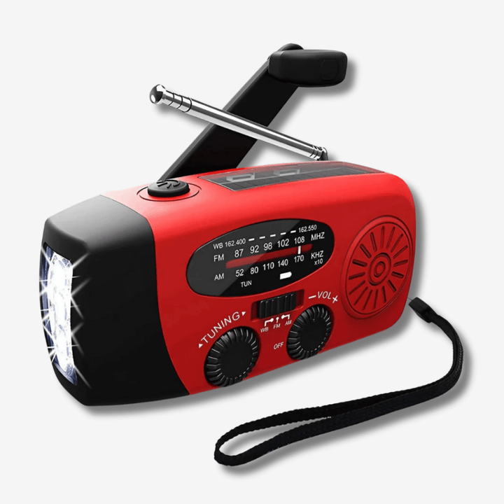 Wielofunkcyjne, kompaktowe radio awaryjne z latarką, powerbankiem i ładowaniem słonecznym, korbkowym, USB-C.