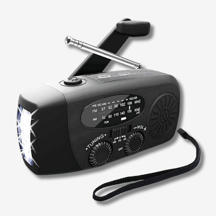 Wielofunkcyjne, kompaktowe radio awaryjne z latarką, powerbankiem i ładowaniem słonecznym, korbkowym, USB-C.