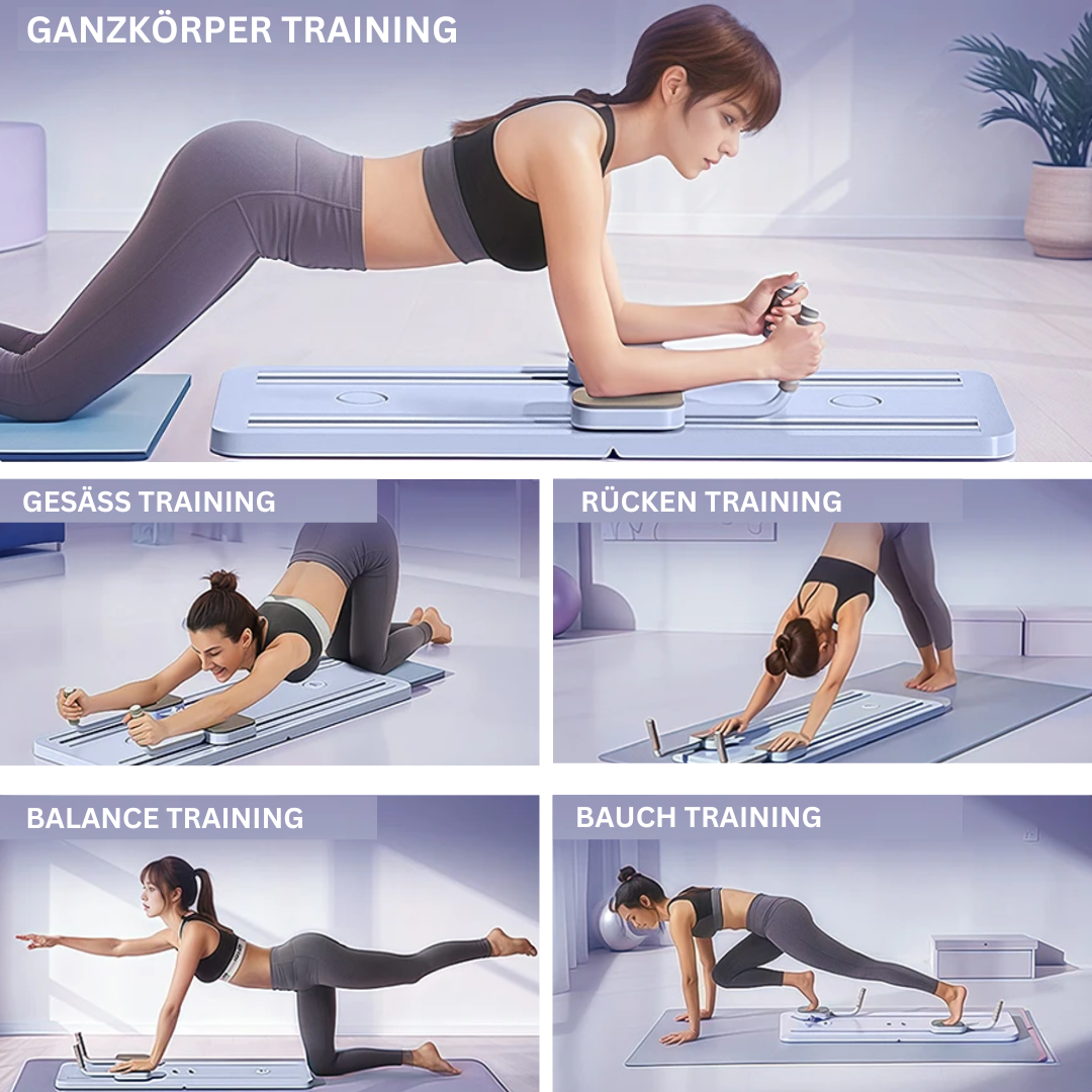 Kompaktowy reformer Pilates do ćwiczeń w domu, wspierający tonizację i elastyczność, z wytrzymałymi gumami, odpowiedni dla początkujących i zaawansowanych.