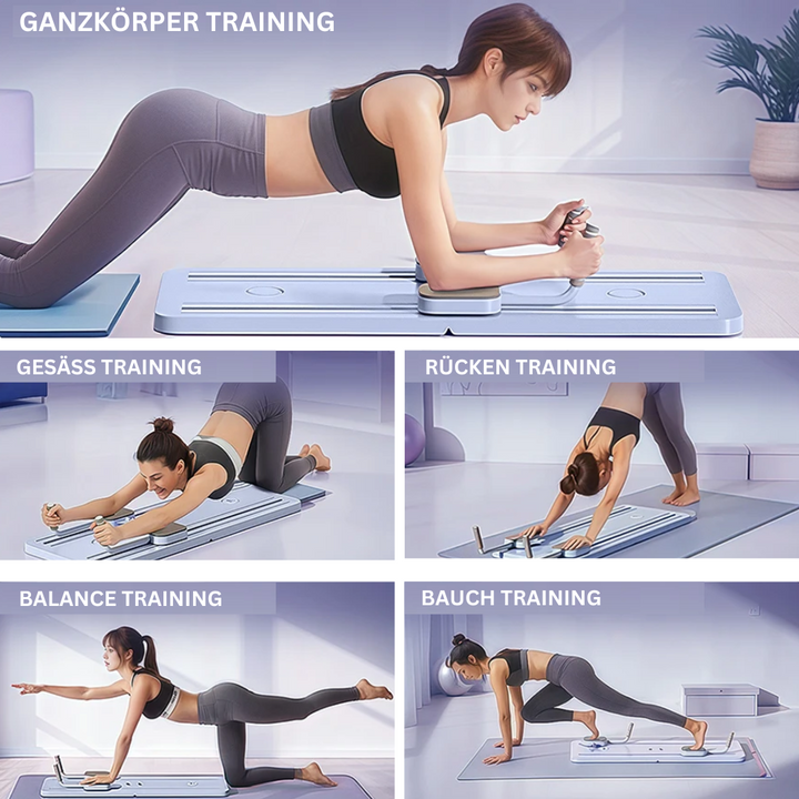 Kompaktowy reformer Pilates do ćwiczeń w domu, wspierający tonizację i elastyczność, z wytrzymałymi gumami, odpowiedni dla początkujących i zaawansowanych.