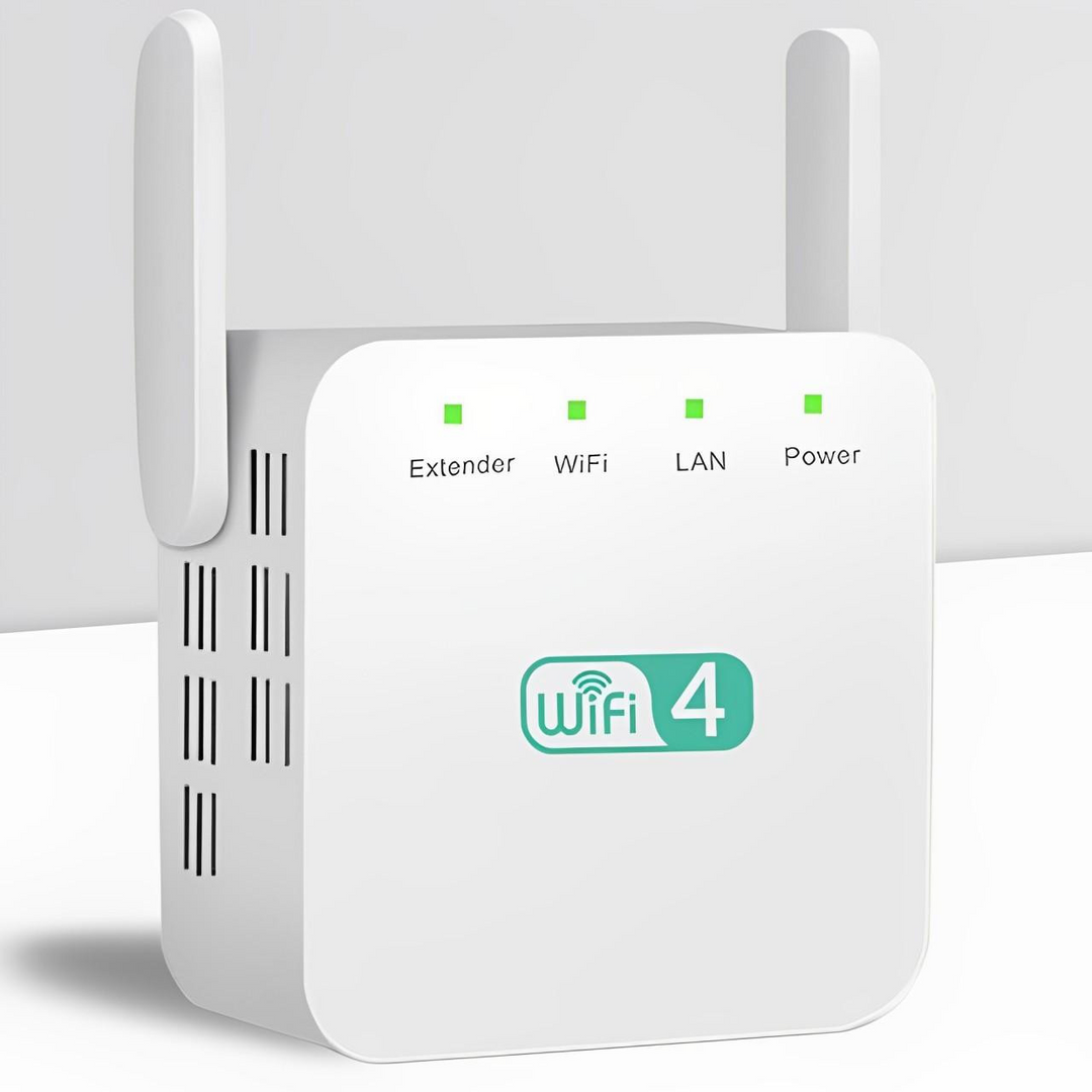 Kompaktowy, biały wzmacniacz sygnału WiFi, do rozszerzania zasięgu sieci w domu, nowoczesny design ścienny.