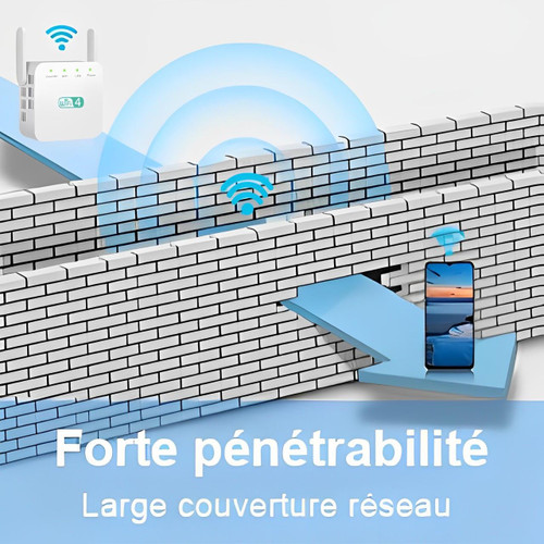 Kompaktowy, biały wzmacniacz sygnału WiFi, do rozszerzania zasięgu sieci w domu, nowoczesny design ścienny.