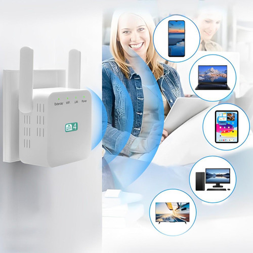 Kompaktowy, biały wzmacniacz sygnału WiFi, do rozszerzania zasięgu sieci w domu, nowoczesny design ścienny.