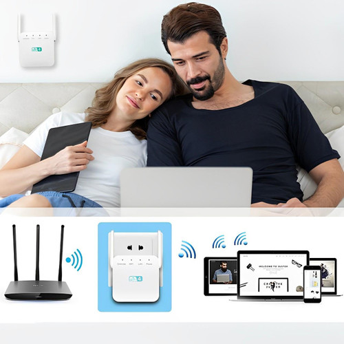 Kompaktowy, biały wzmacniacz sygnału WiFi, do rozszerzania zasięgu sieci w domu, nowoczesny design ścienny.