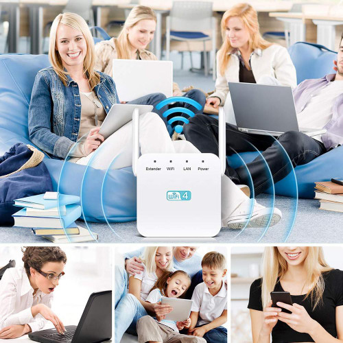 Kompaktowy, biały wzmacniacz sygnału WiFi, do rozszerzania zasięgu sieci w domu, nowoczesny design ścienny.