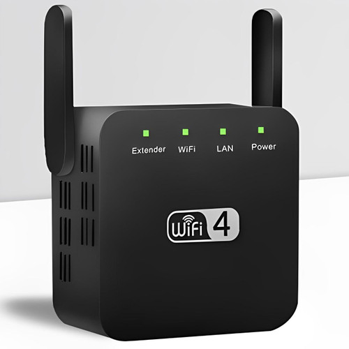 Kompaktowy, biały wzmacniacz sygnału WiFi, do rozszerzania zasięgu sieci w domu, nowoczesny design ścienny.